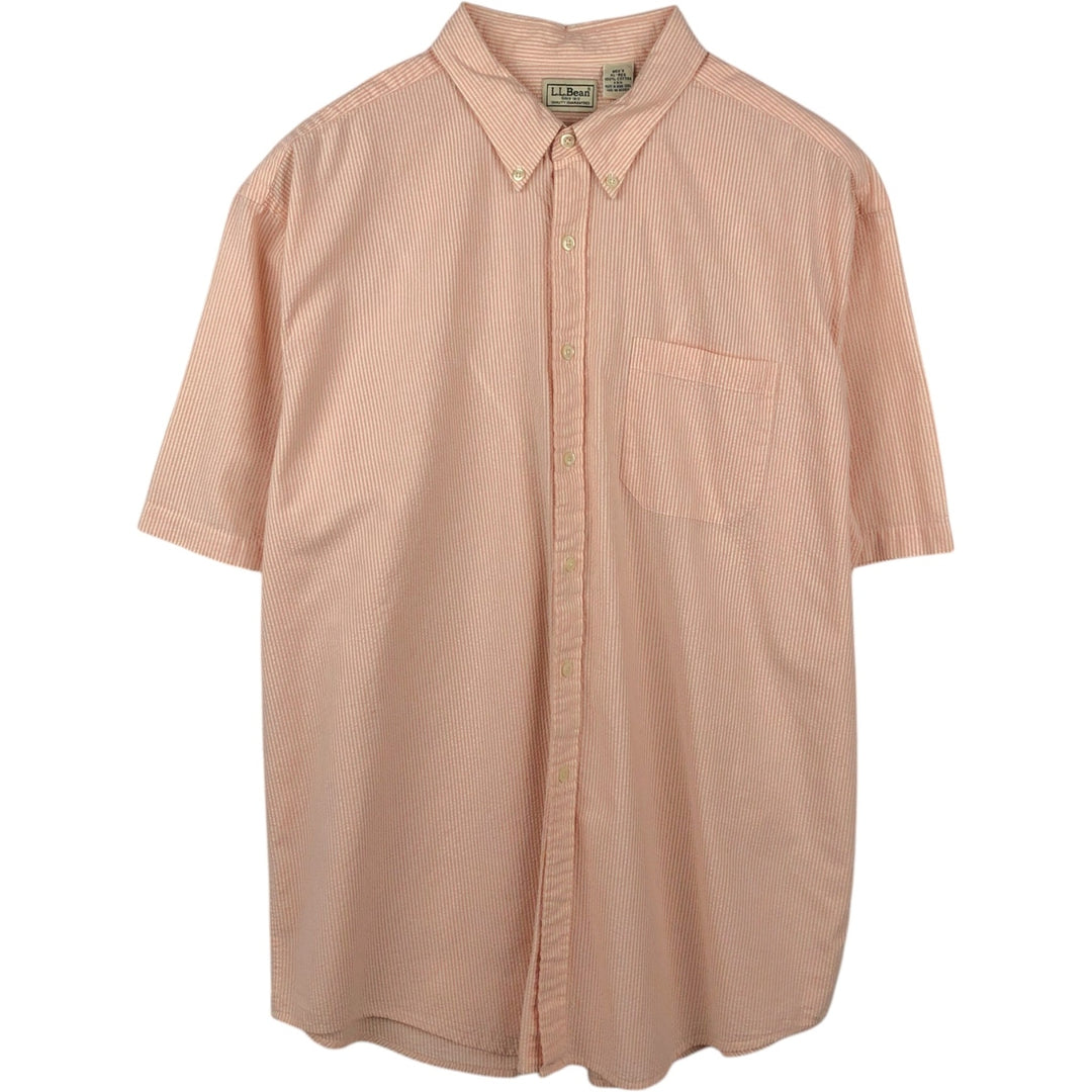 90'S L.L.Bean Stripe Pattern Seersucker Short-Sleeve Button-Down Stripe Shirt, Men's Size XL (Equivalent), Vintage cotton coral Vintage Second Hand