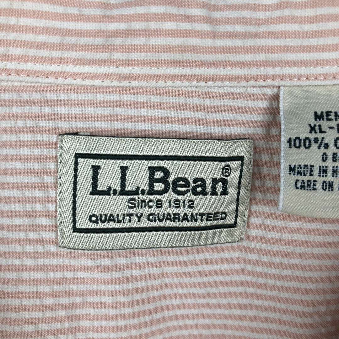 90'S L.L.Bean Stripe Pattern Seersucker Short-Sleeve Button-Down Stripe Shirt, Men's Size XL (Equivalent), Vintage cotton coral Vintage Second Hand