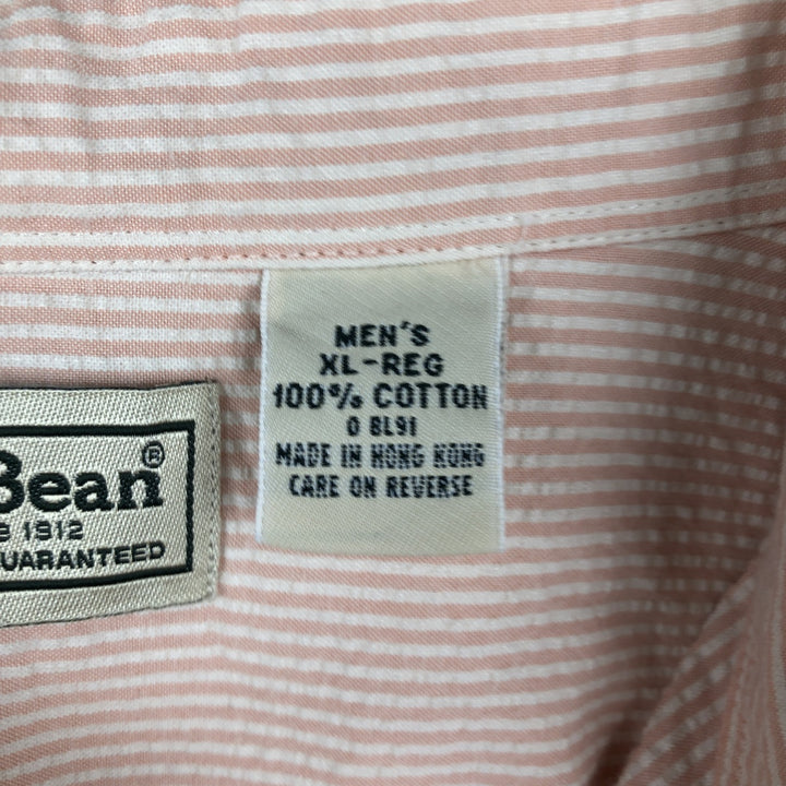 90'S L.L.Bean Stripe Pattern Seersucker Short-Sleeve Button-Down Stripe Shirt, Men's Size XL (Equivalent), Vintage cotton coral Vintage Second Hand