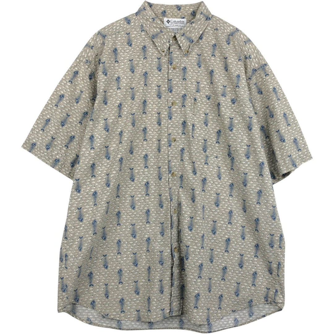 Columbia All-Over Fish Print Short Sleeve Button-Down Shirt, Men's XL cotton Khaki type Vintage Second Hand