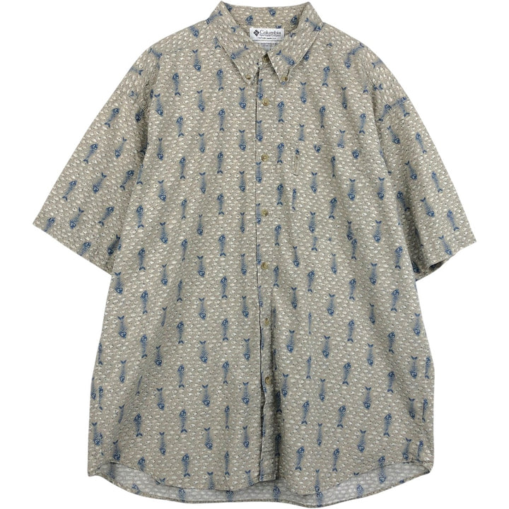 Columbia All-Over Fish Print Short Sleeve Button-Down Shirt, Men's XL cotton Khaki type Vintage Second Hand