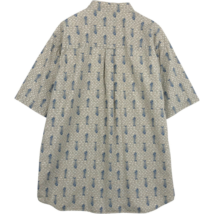 Columbia All-Over Fish Print Short Sleeve Button-Down Shirt, Men's XL cotton Khaki type Vintage Second Hand