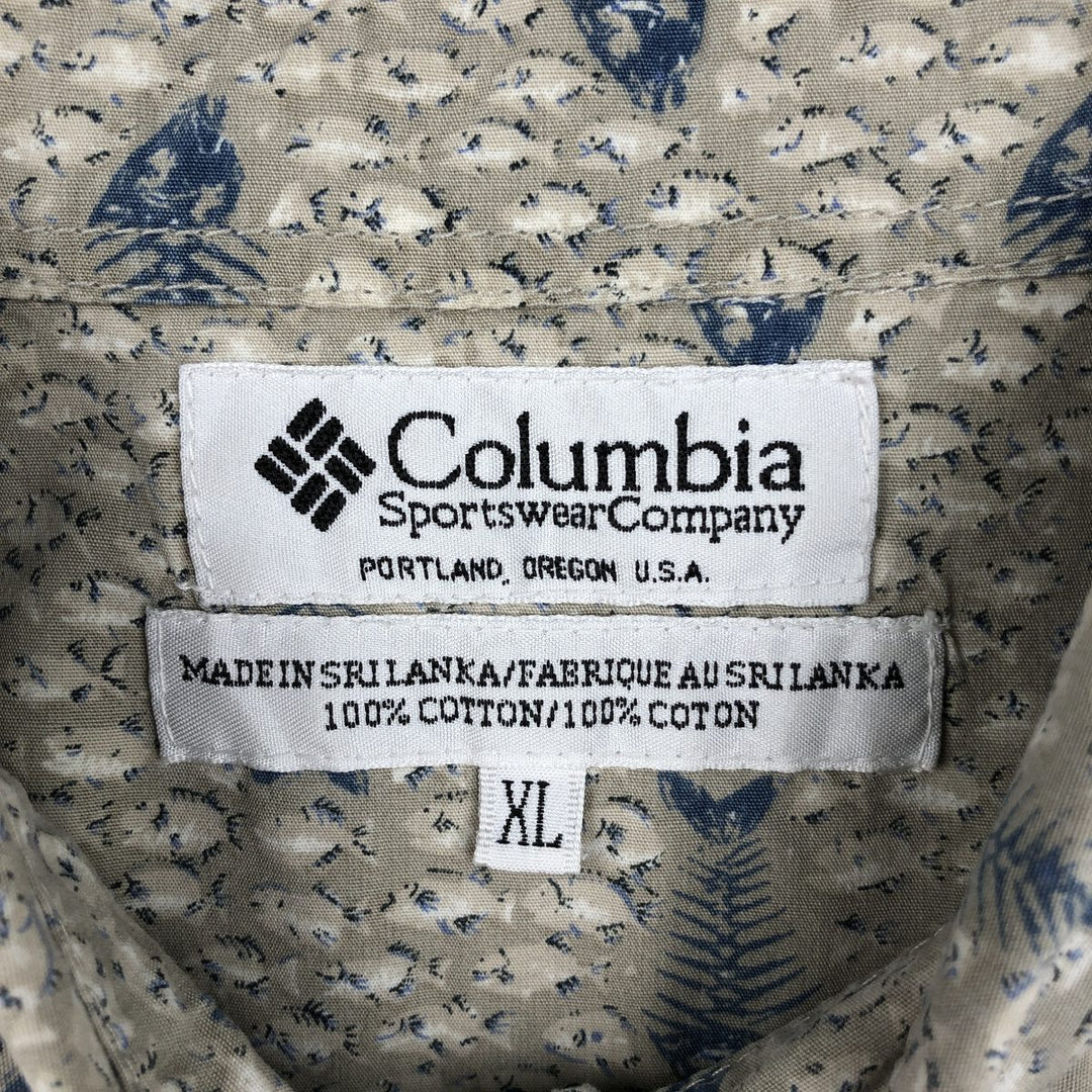 Columbia All-Over Fish Print Short Sleeve Button-Down Shirt, Men's XL cotton Khaki type Vintage Second Hand