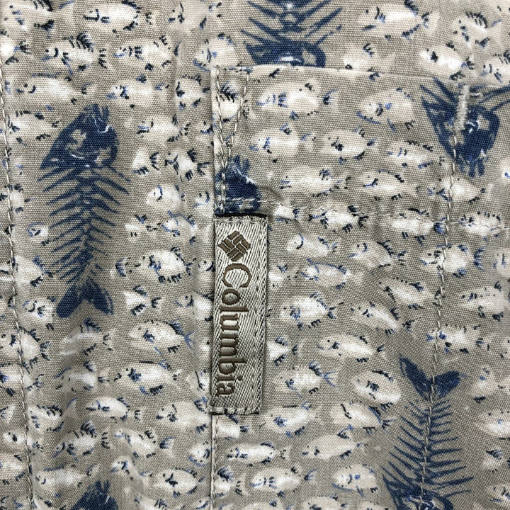 Columbia All-Over Fish Print Short Sleeve Button-Down Shirt, Men's XL cotton Khaki type Vintage Second Hand
