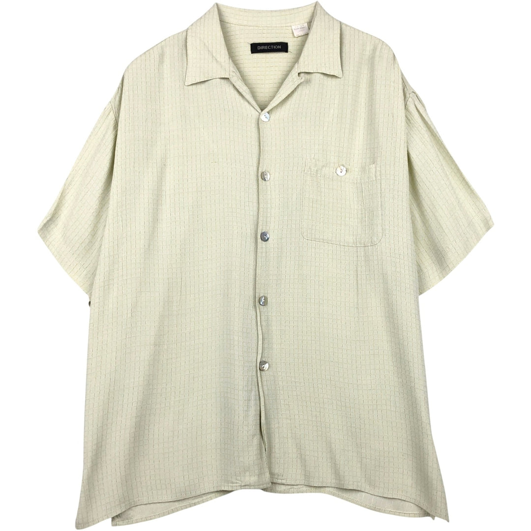DIRECTION Check Pattern Short-Sleeve Open Collar Acetate x Rayon Box Shirt Made in USA Men's Size L (approx.) Rayon Beige type Vintage Second Hand