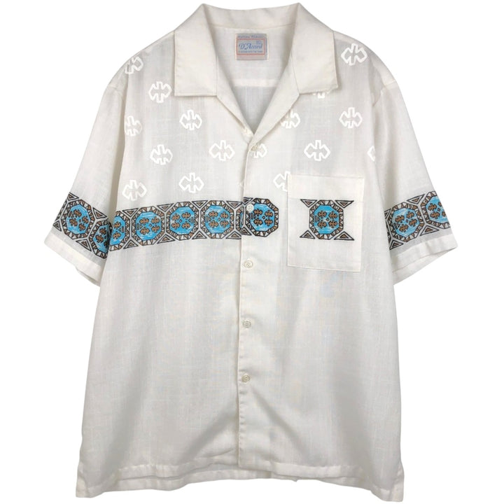 90s-00'S D'Accord Short-Sleeve Open-Collar Viscose x Polyester Box Shirt, Made in USA, Men's XL Equivalent, Vintage polyester white type Vintage Second Hand