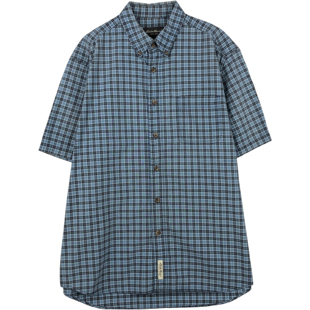 Eddie Bauer short sleeve button down check shirt, men's size L cotton blue type Vintage Second Hand