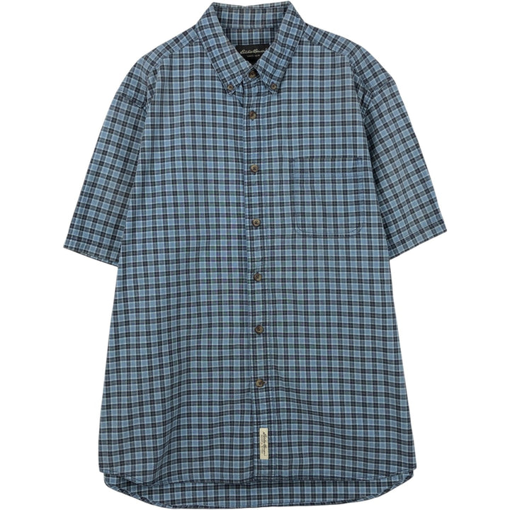 Eddie Bauer short sleeve button down check shirt, men's size L cotton blue type Vintage Second Hand