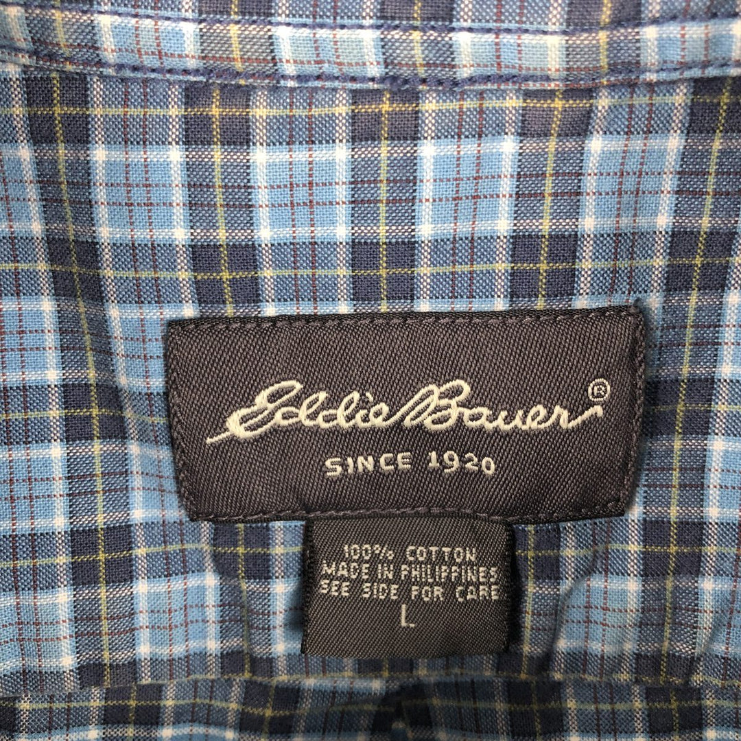 Eddie Bauer short sleeve button down check shirt, men's size L cotton blue type Vintage Second Hand