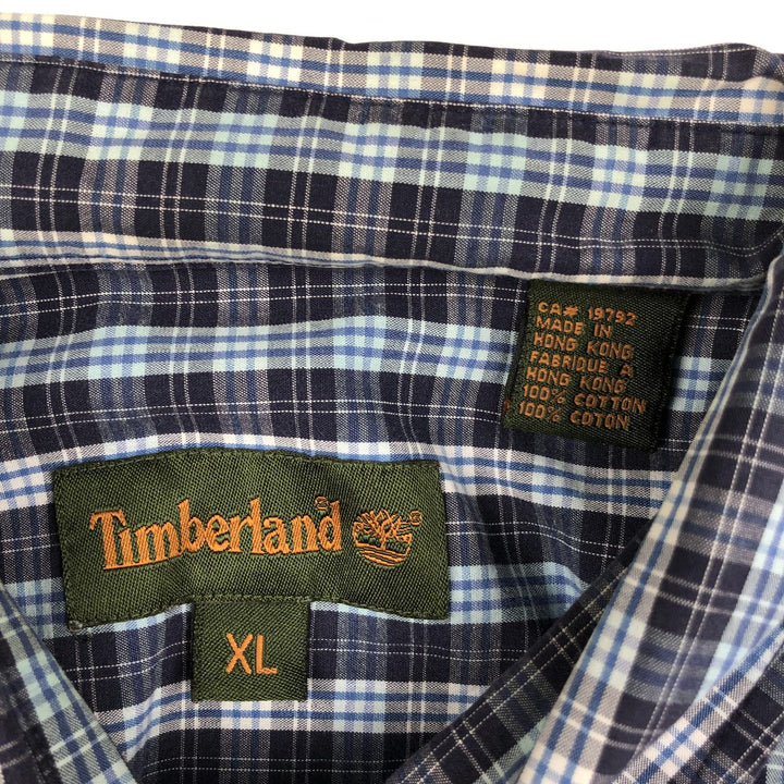 90s-00'S Timberland Short-Sleeve Button-Down Check Shirt, Boxy Shirt, Men's Size XL (approx.) cotton navy blue type Vintage Second Hand