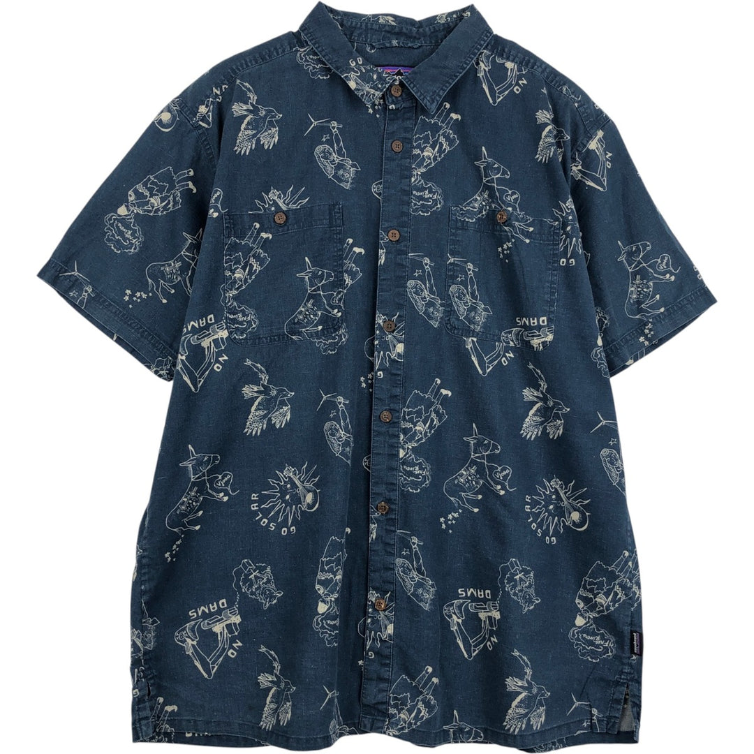 Patagonia 53139SP18 Backstep Shirt, all-over print, short-sleeved, hemp shirt, boxy shirt, men's size XL. Hemp navy blue type Vintage Second Hand