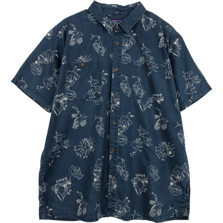 Patagonia 53139SP18 Backstep Shirt, all-over print, short-sleeved, hemp shirt, boxy shirt, men's size XL. Hemp navy blue type Vintage Second Hand