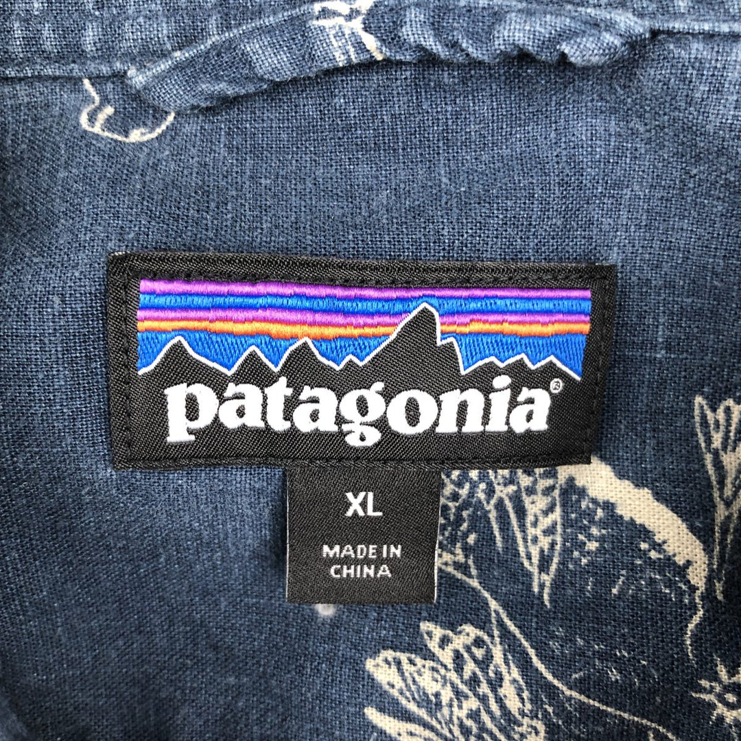 Patagonia 53139SP18 Backstep Shirt, all-over print, short-sleeved, hemp shirt, boxy shirt, men's size XL. Hemp navy blue type Vintage Second Hand