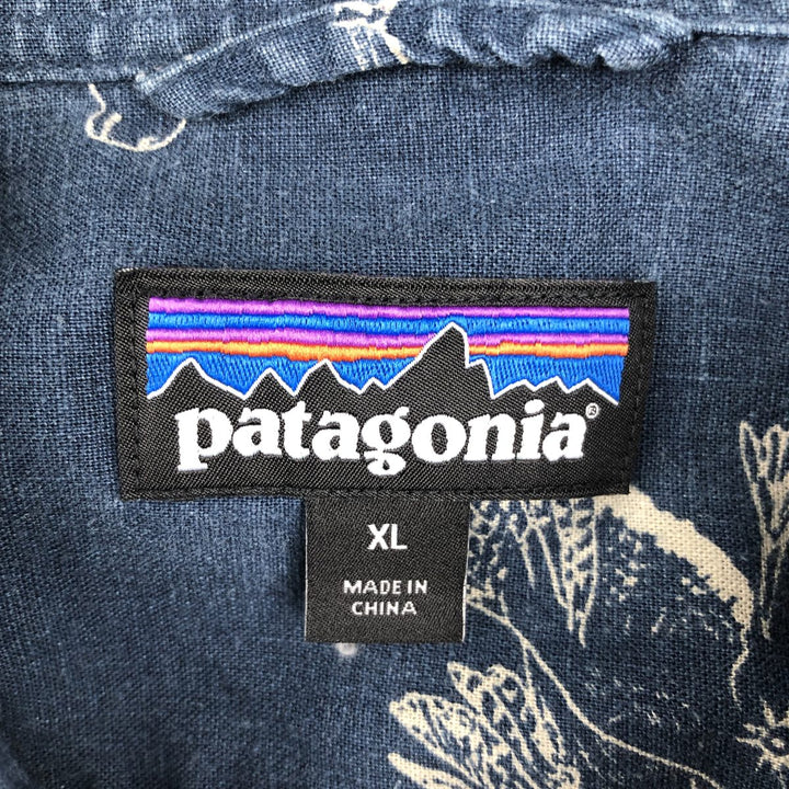 Patagonia 53139SP18 Backstep Shirt, all-over print, short-sleeved, hemp shirt, boxy shirt, men's size XL. Hemp navy blue type Vintage Second Hand