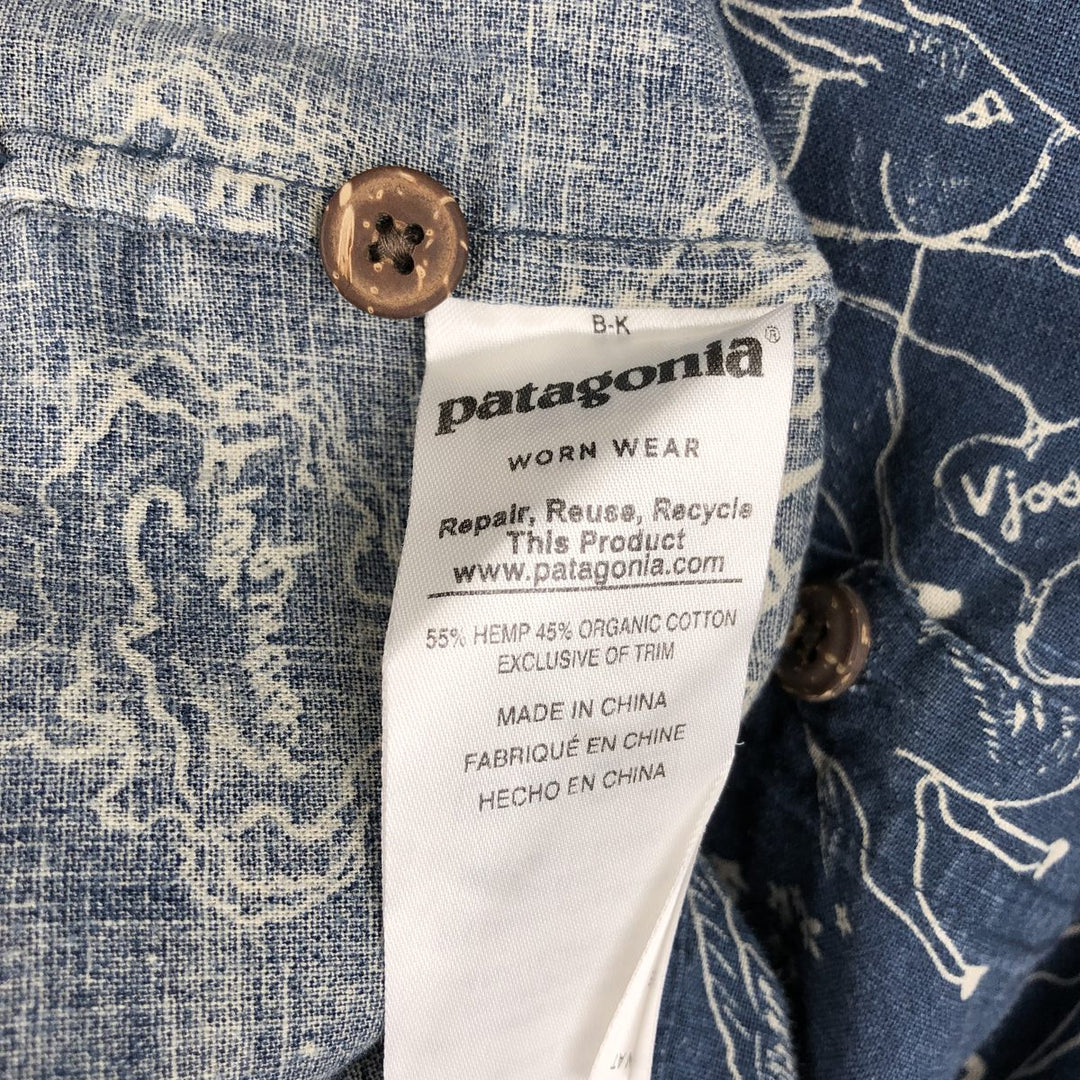 Patagonia 53139SP18 Backstep Shirt, all-over print, short-sleeved, hemp shirt, boxy shirt, men's size XL. Hemp navy blue type Vintage Second Hand