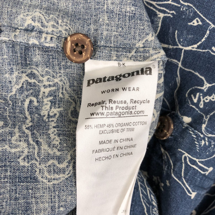 Patagonia 53139SP18 Backstep Shirt, all-over print, short-sleeved, hemp shirt, boxy shirt, men's size XL. Hemp navy blue type Vintage Second Hand