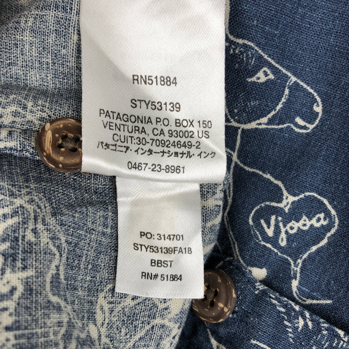 Patagonia 53139SP18 Backstep Shirt, all-over print, short-sleeved, hemp shirt, boxy shirt, men's size XL. Hemp navy blue type Vintage Second Hand