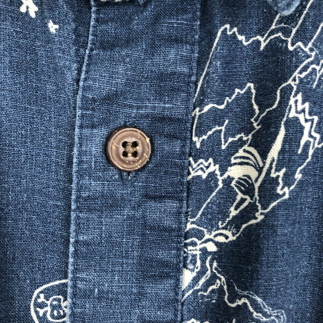 Patagonia 53139SP18 Backstep Shirt, all-over print, short-sleeved, hemp shirt, boxy shirt, men's size XL. Hemp navy blue type Vintage Second Hand