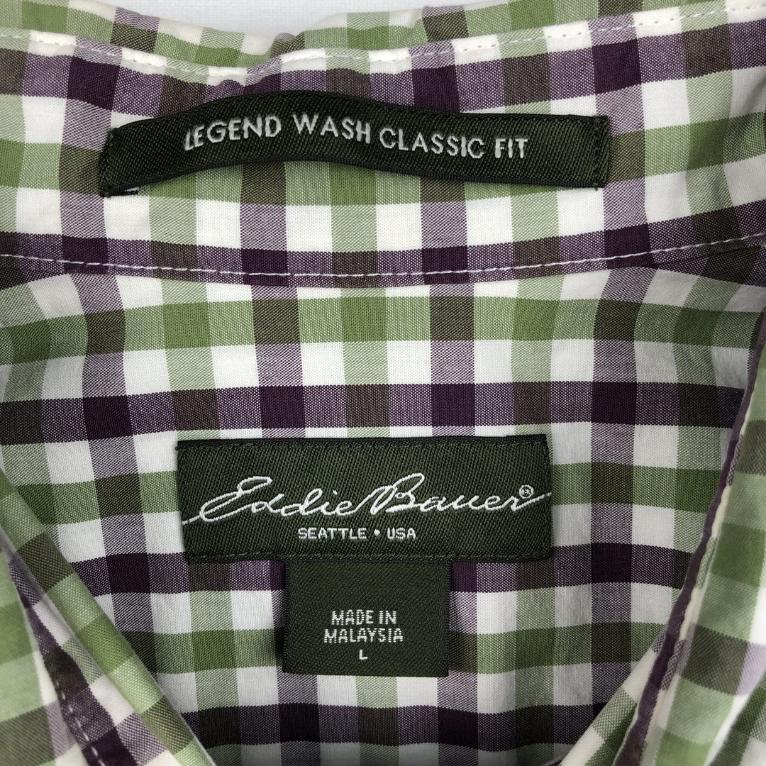 Eddie Bauer Legend Wash Classic Fit Short-Sleeve Button-Down Check Shirt, Men's Size L (approx.) cotton green type Vintage Second Hand