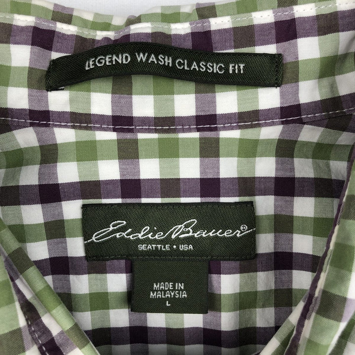 Eddie Bauer Legend Wash Classic Fit Short-Sleeve Button-Down Check Shirt, Men's Size L (approx.) cotton green type Vintage Second Hand