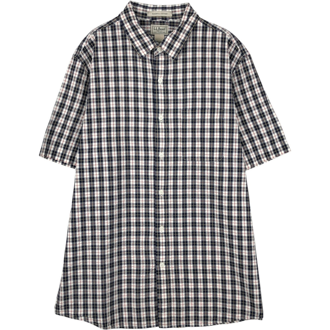 90s-00'S L.L.Bean SLIGHTLY FITTED Seersucker Short-Sleeve Cotton Check Shirt, Men's Size L (approx.), Vintage cotton navy blue type Vintage Second Hand