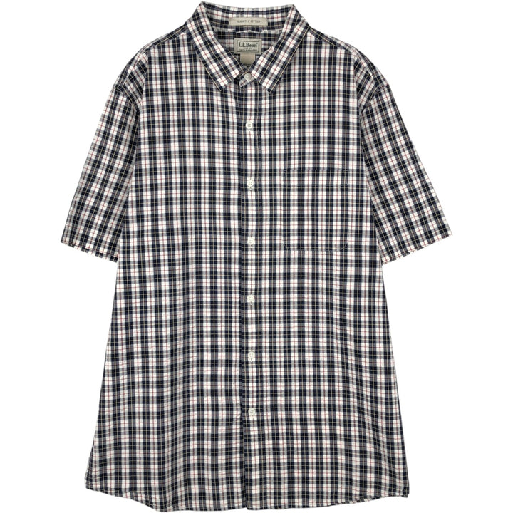 90s-00'S L.L.Bean SLIGHTLY FITTED Seersucker Short-Sleeve Cotton Check Shirt, Men's Size L (approx.), Vintage cotton navy blue type Vintage Second Hand