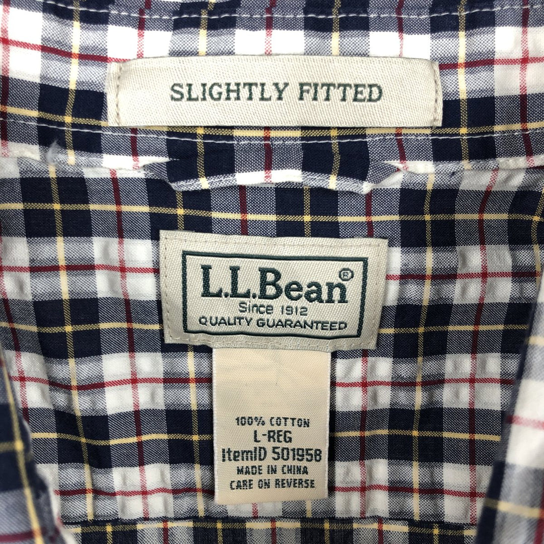 90s-00'S L.L.Bean SLIGHTLY FITTED Seersucker Short-Sleeve Cotton Check Shirt, Men's Size L (approx.), Vintage cotton navy blue type Vintage Second Hand