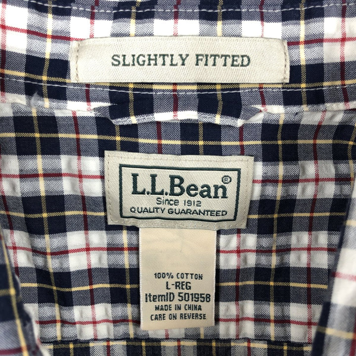 90s-00'S L.L.Bean SLIGHTLY FITTED Seersucker Short-Sleeve Cotton Check Shirt, Men's Size L (approx.), Vintage cotton navy blue type Vintage Second Hand