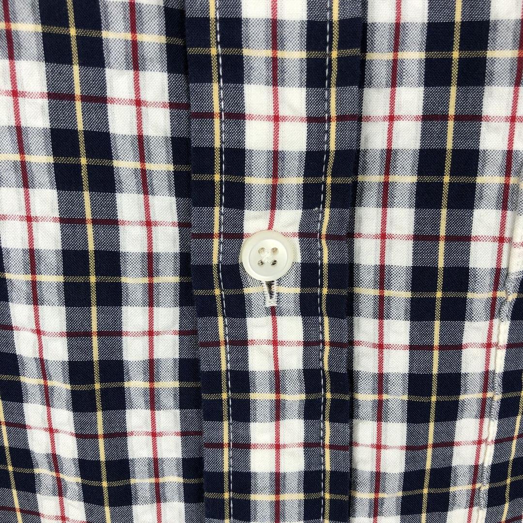 90s-00'S L.L.Bean SLIGHTLY FITTED Seersucker Short-Sleeve Cotton Check Shirt, Men's Size L (approx.), Vintage cotton navy blue type Vintage Second Hand