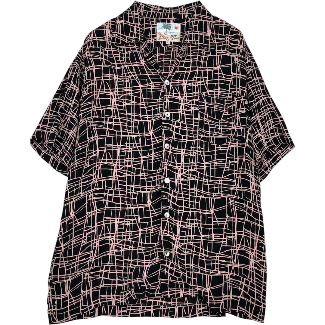 ~90'S Sonny Leisure all-over print short-sleeved open-collar rayon shirt, boxy fit, made in USA, men's size L equivalent, vintage. Rayon black type Vintage Second Hand