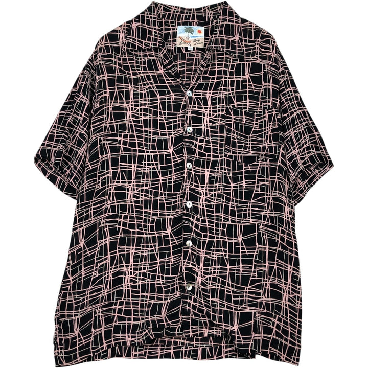 ~90'S Sonny Leisure all-over print short-sleeved open-collar rayon shirt, boxy fit, made in USA, men's size L equivalent, vintage. Rayon black type Vintage Second Hand