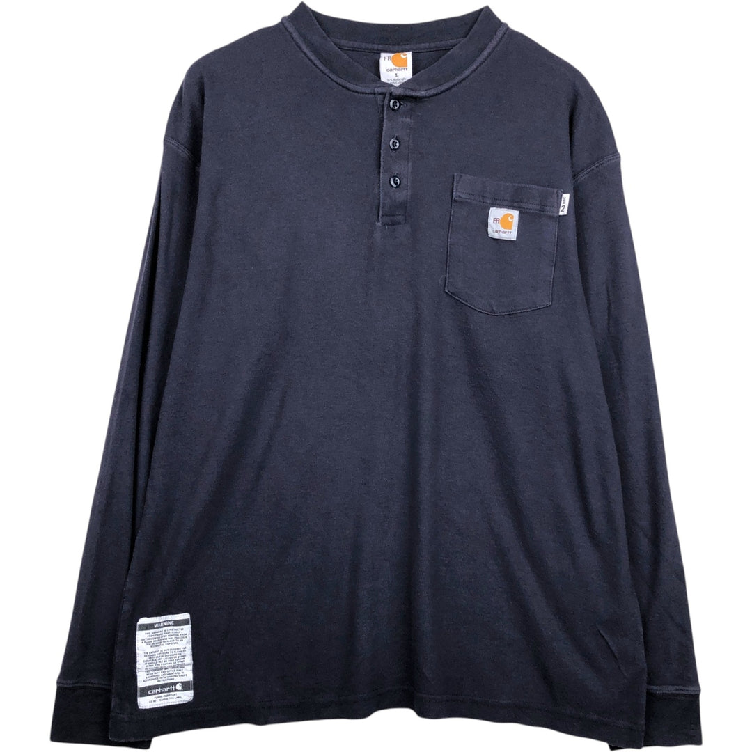 Carhartt FR Series Half-Button Plain Pocket Long-Sleeve T-Shirt (Men's Size L) Modacrylic navy blue type Vintage Second Hand