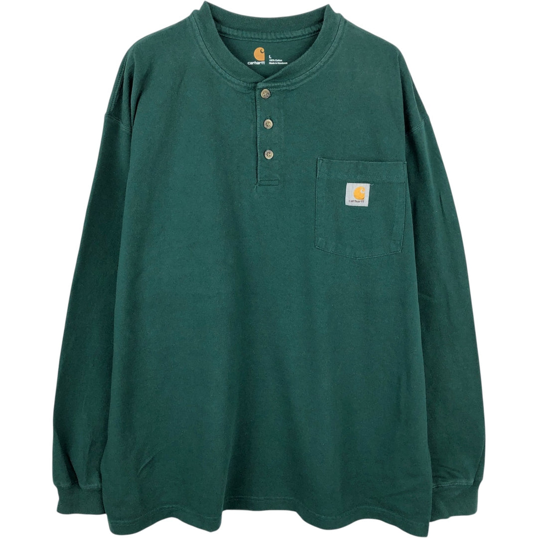 Carhartt Henley neck plain pocket long T-shirt long T men's L size cotton green type Vintage Second Hand