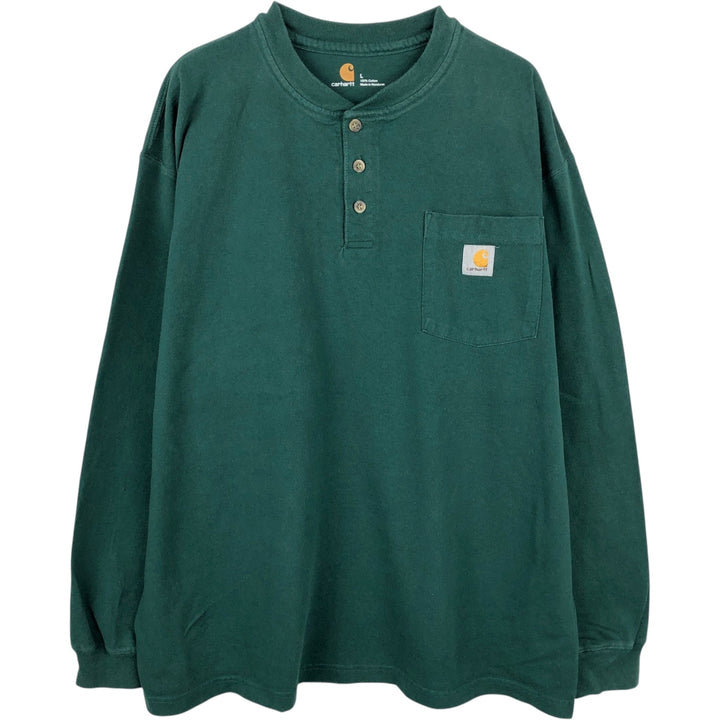 Carhartt Henley neck plain pocket long T-shirt long T men's L size cotton green type Vintage Second Hand