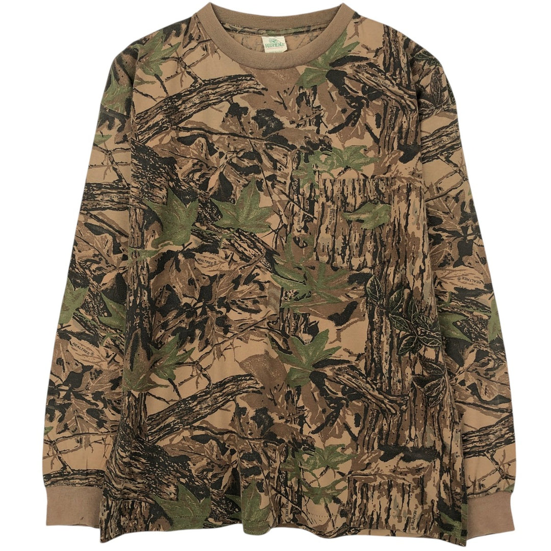 90'S REDHEAD Camouflage Pattern Real Tree Camo Long-Sleeve T-Shirt, Made in USA, Men's Size L (Equivalent), Vintage unclear brown type Vintage Second Hand