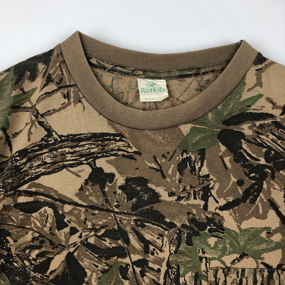 90'S REDHEAD Camouflage Pattern Real Tree Camo Long-Sleeve T-Shirt, Made in USA, Men's Size L (Equivalent), Vintage unclear brown type Vintage Second Hand