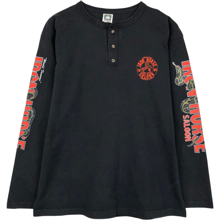 90'S Anvil Cotton Deluxe Snake Print Henley Neck Motorcycle Long-Sleeve T-Shirt, Made in USA, Men's XL Equivalent cotton black type Vintage Second Hand