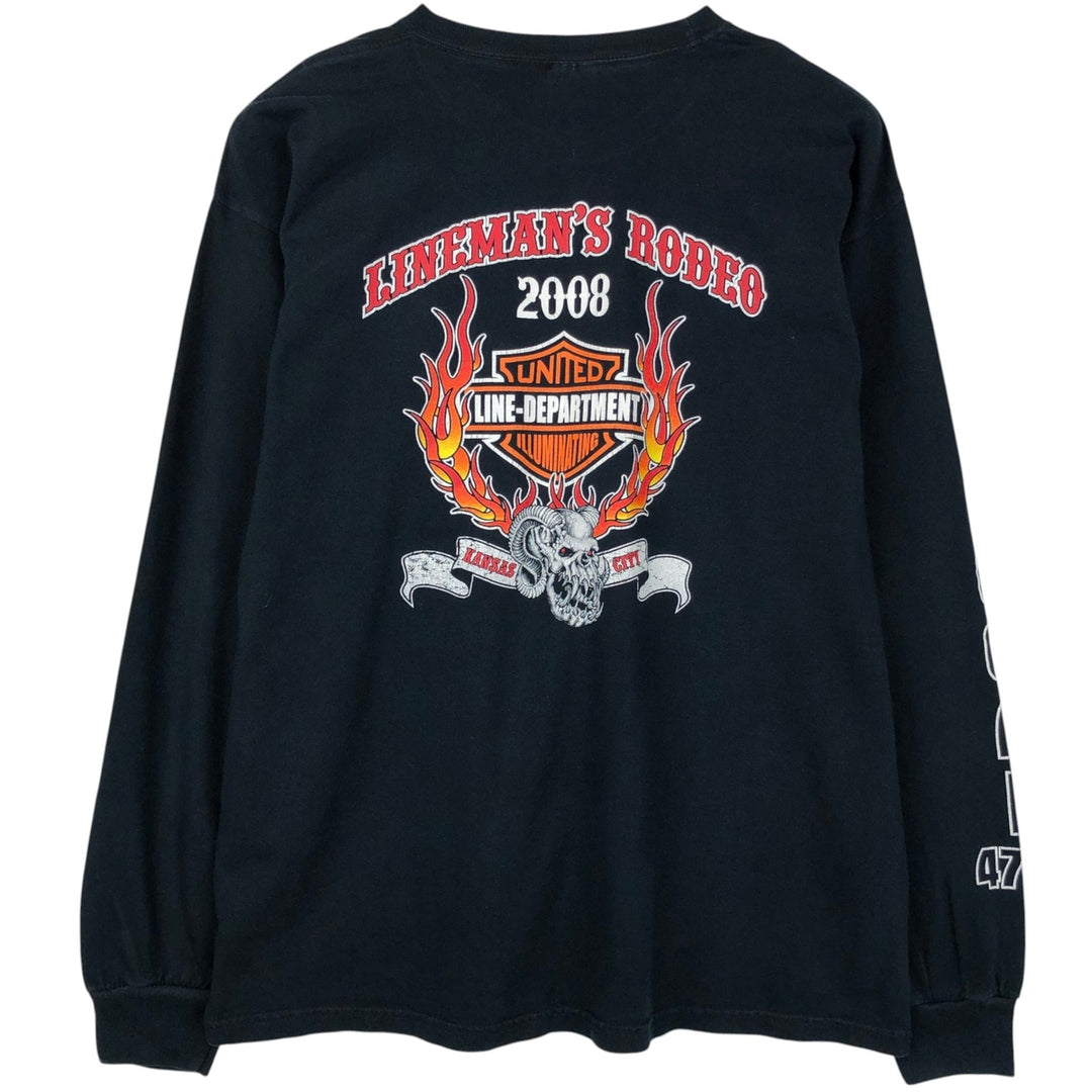 Gildan Fire Pattern Skull Pattern Parody Long-Sleeve T-Shirt (Men's XL equivalent) cotton black type Vintage Second Hand