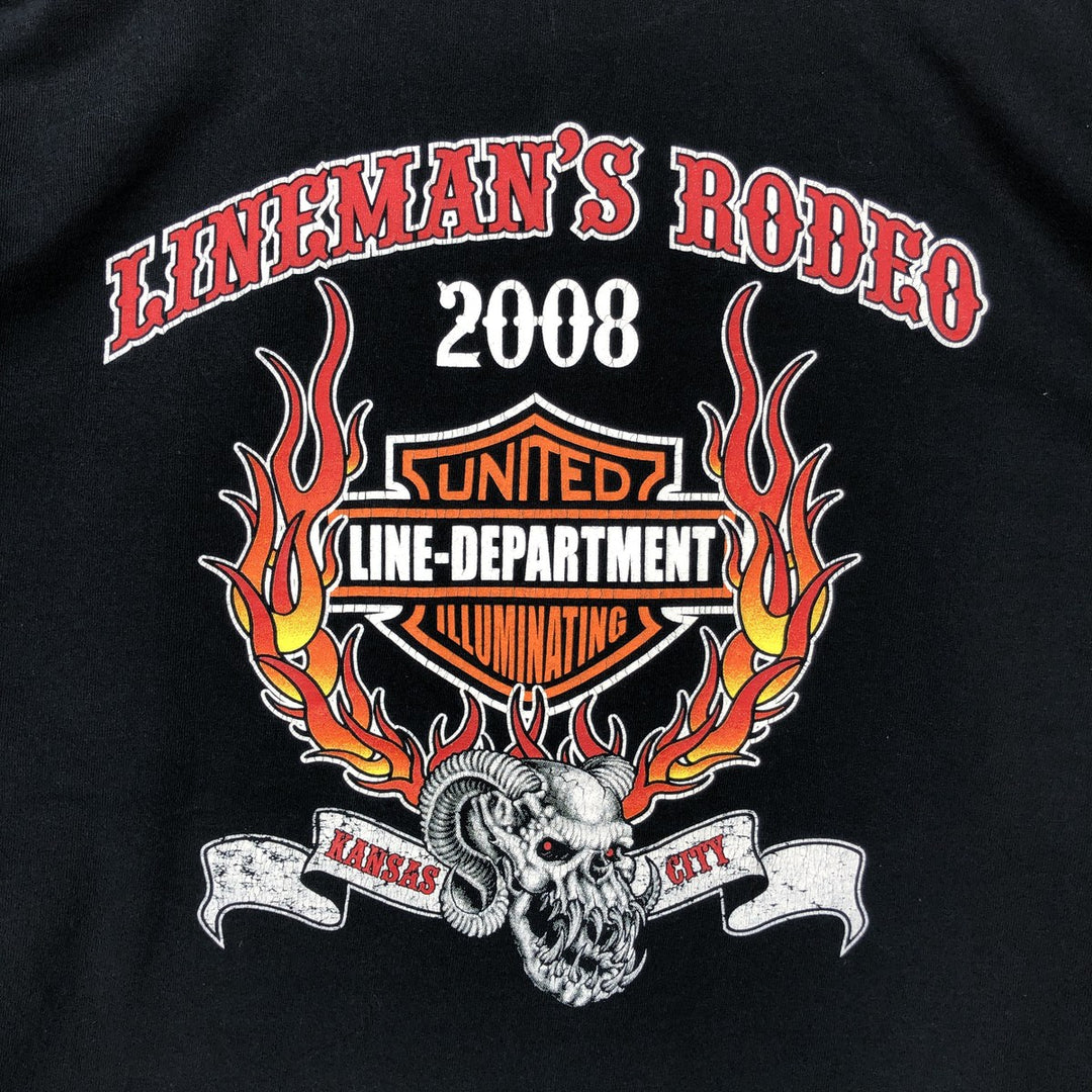 Gildan Fire Pattern Skull Pattern Parody Long-Sleeve T-Shirt (Men's XL equivalent) cotton black type Vintage Second Hand