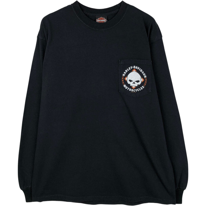Harley-Davidson Skull Pattern Motorcycle Long-Sleeve T-Shirt (Men's Size L) cotton black type Vintage Second Hand