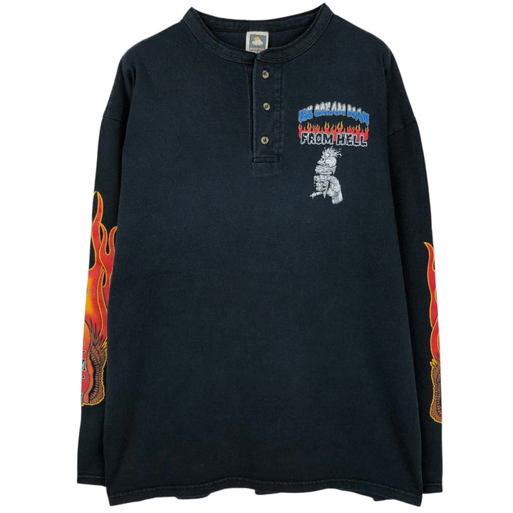 COTTON DELUXE Fire Pattern Skull Pattern Henley Neck Long-Sleeve T-Shirt (Men's XL equivalent) Vintage cotton navy blue type Vintage Second Hand