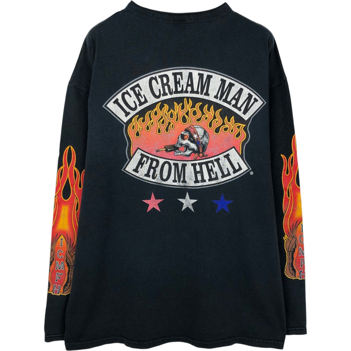 COTTON DELUXE Fire Pattern Skull Pattern Henley Neck Long-Sleeve T-Shirt (Men's XL equivalent) Vintage cotton navy blue type Vintage Second Hand
