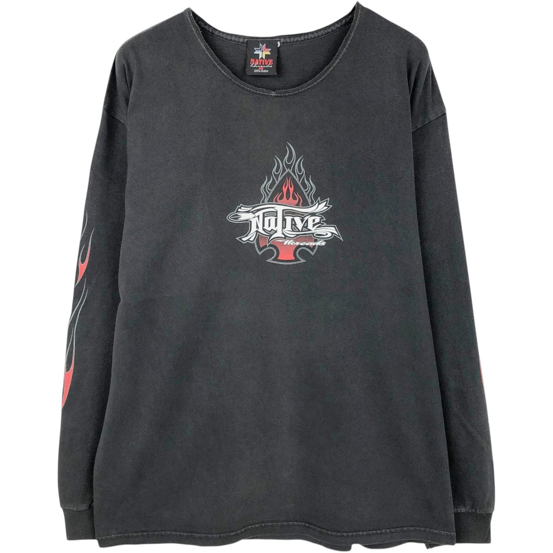 Delta Native Fire Pattern Boat Neck Long-Sleeve T-Shirt, Made in USA, Men's Size L (approx.) cotton black type Vintage Second Hand