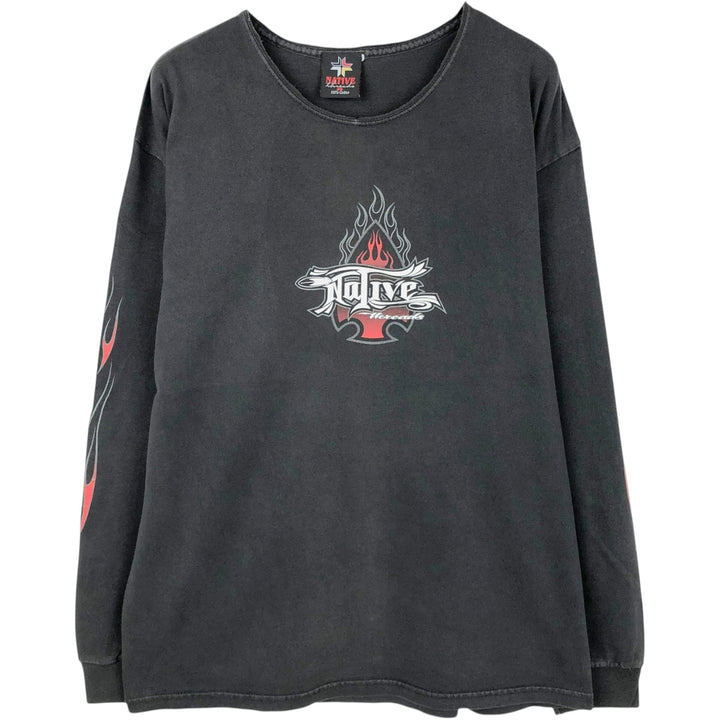 Delta Native Fire Pattern Boat Neck Long-Sleeve T-Shirt, Made in USA, Men's Size L (approx.) cotton black type Vintage Second Hand
