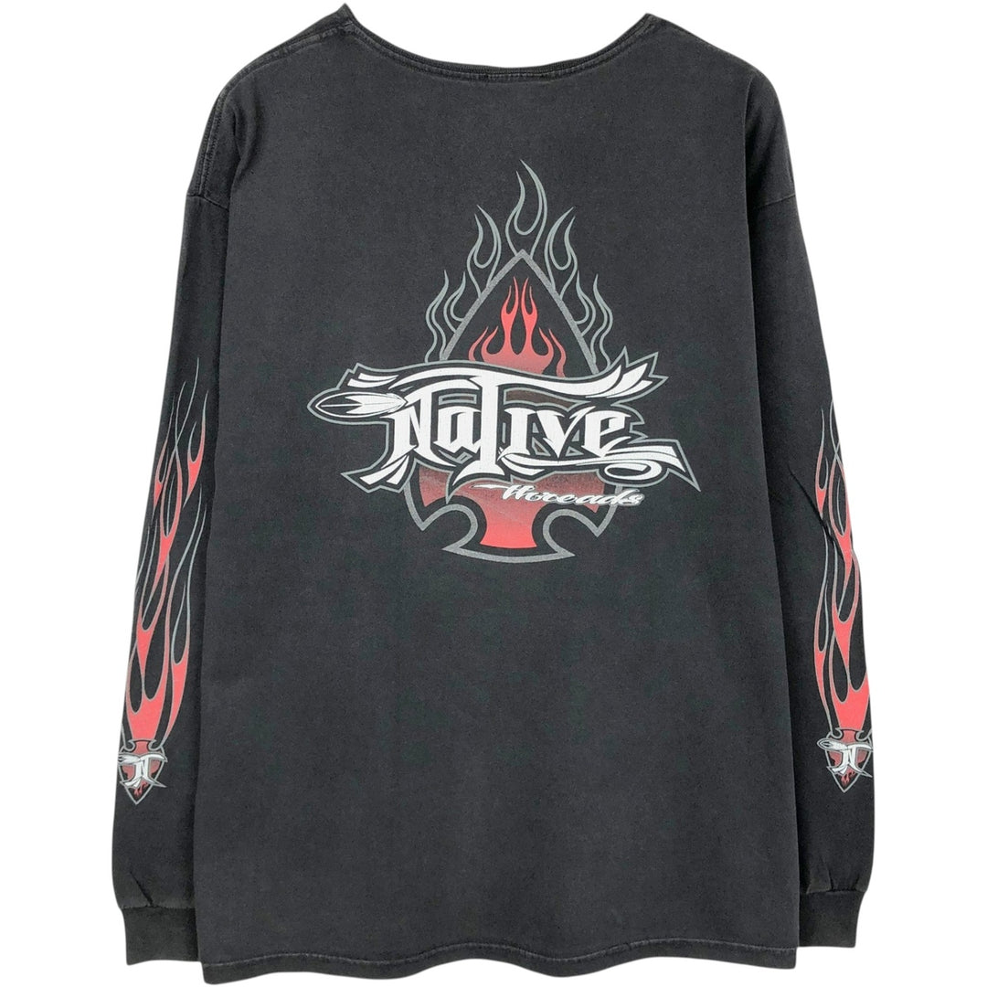 Delta Native Fire Pattern Boat Neck Long-Sleeve T-Shirt, Made in USA, Men's Size L (approx.) cotton black type Vintage Second Hand