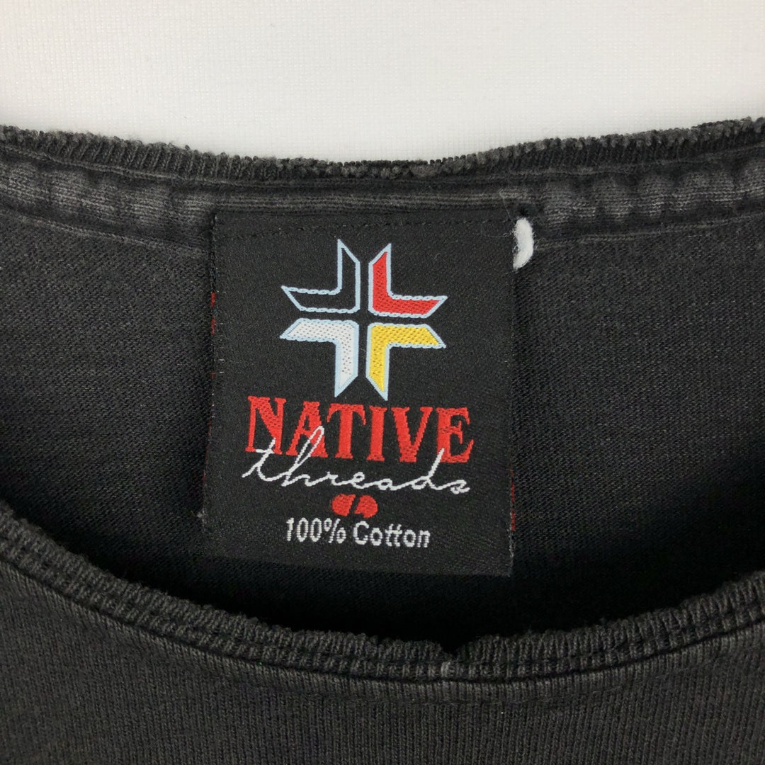 Delta Native Fire Pattern Boat Neck Long-Sleeve T-Shirt, Made in USA, Men's Size L (approx.) cotton black type Vintage Second Hand