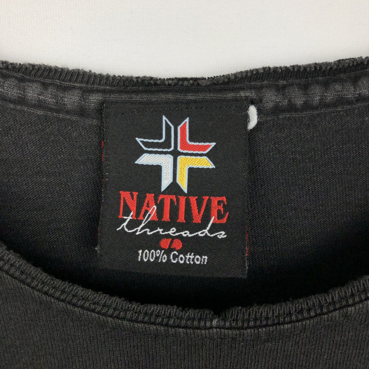 Delta Native Fire Pattern Boat Neck Long-Sleeve T-Shirt, Made in USA, Men's Size L (approx.) cotton black type Vintage Second Hand