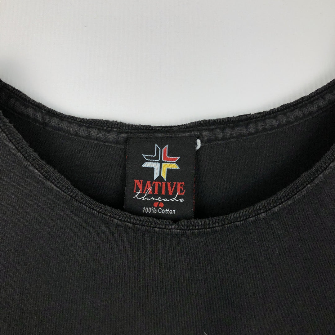 Delta Native Fire Pattern Boat Neck Long-Sleeve T-Shirt, Made in USA, Men's Size L (approx.) cotton black type Vintage Second Hand