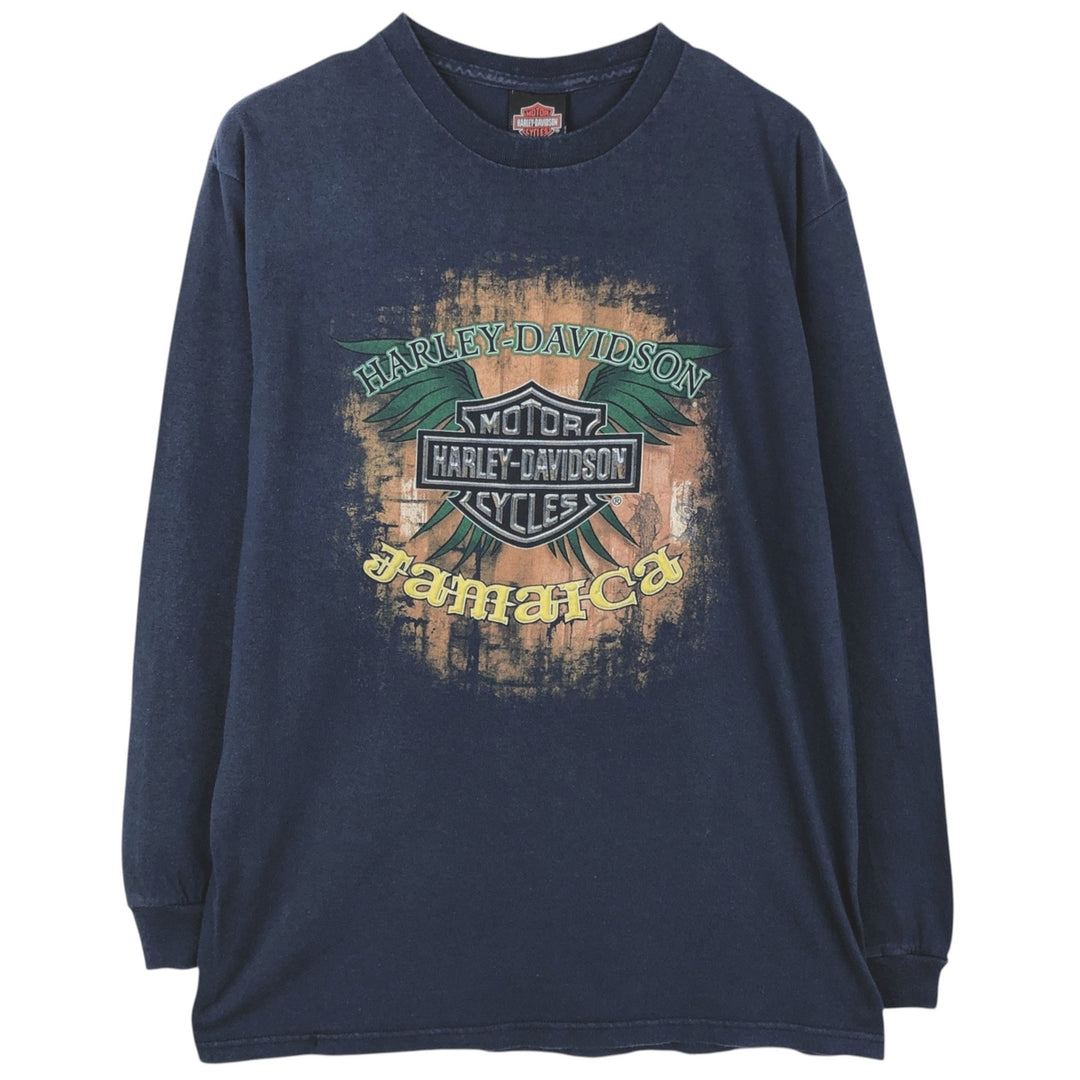 Harley-Davidson Skull Pattern Motorcycle Long Sleeve T-Shirt, Men's Size L cotton navy blue type Vintage Second Hand