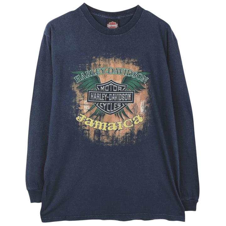 Harley-Davidson Skull Pattern Motorcycle Long Sleeve T-Shirt, Men's Size L cotton navy blue type Vintage Second Hand